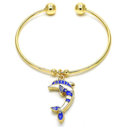 Oro Laminado Individual Bangle, Gold Filled Style Dolphin Design, with White Crystal, Blue Enamel Finish, Golden Finish