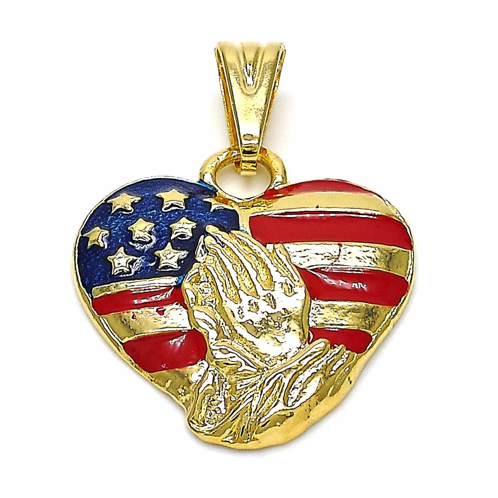 Oro Laminado Religious Pendant, Gold Filled Style Heart and Hand of God Design, Polished, Golden Finish