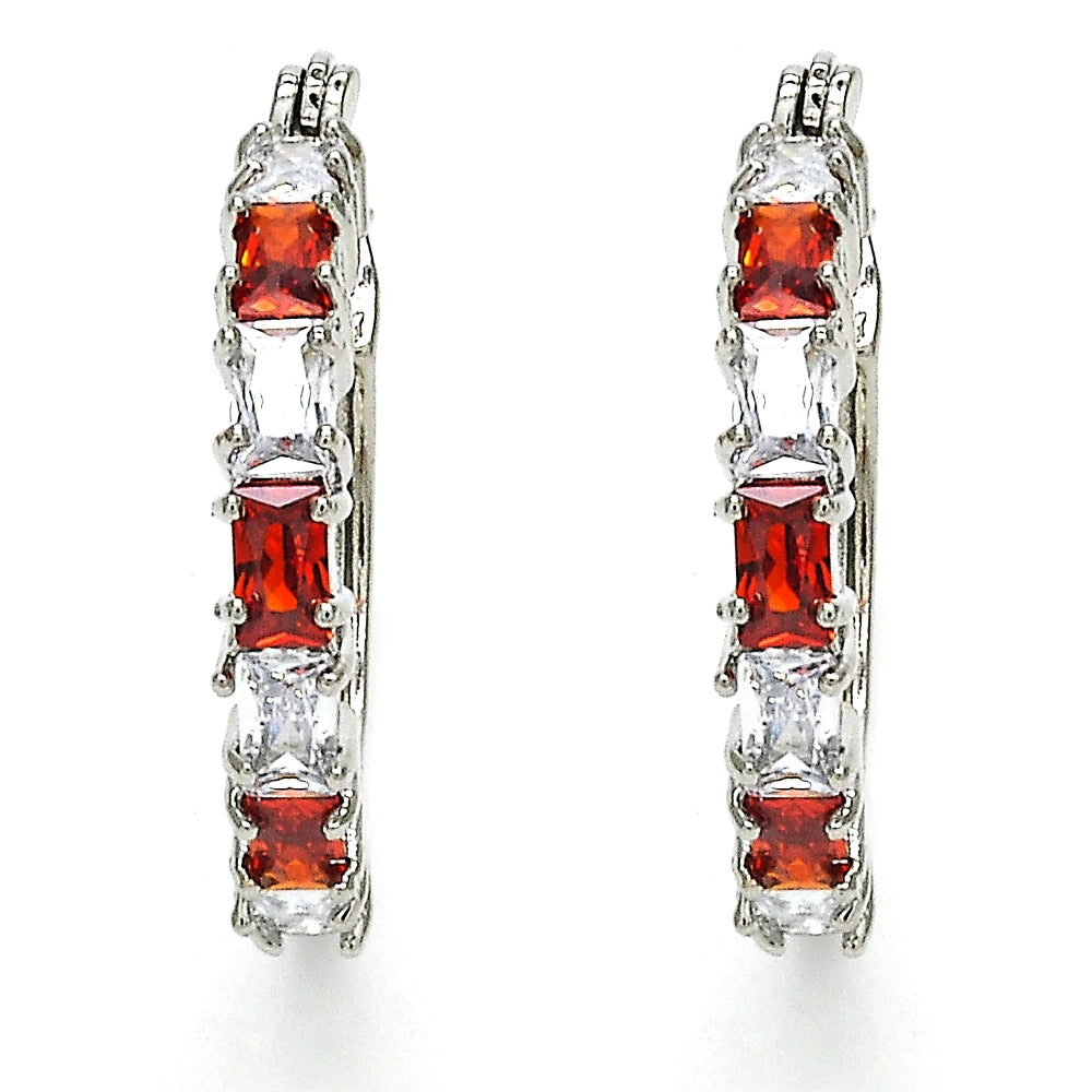 Rhodium Gold Filled Small Hoop, with Garnet and White Cubic Zirconia, Polished, Rhodium Finish