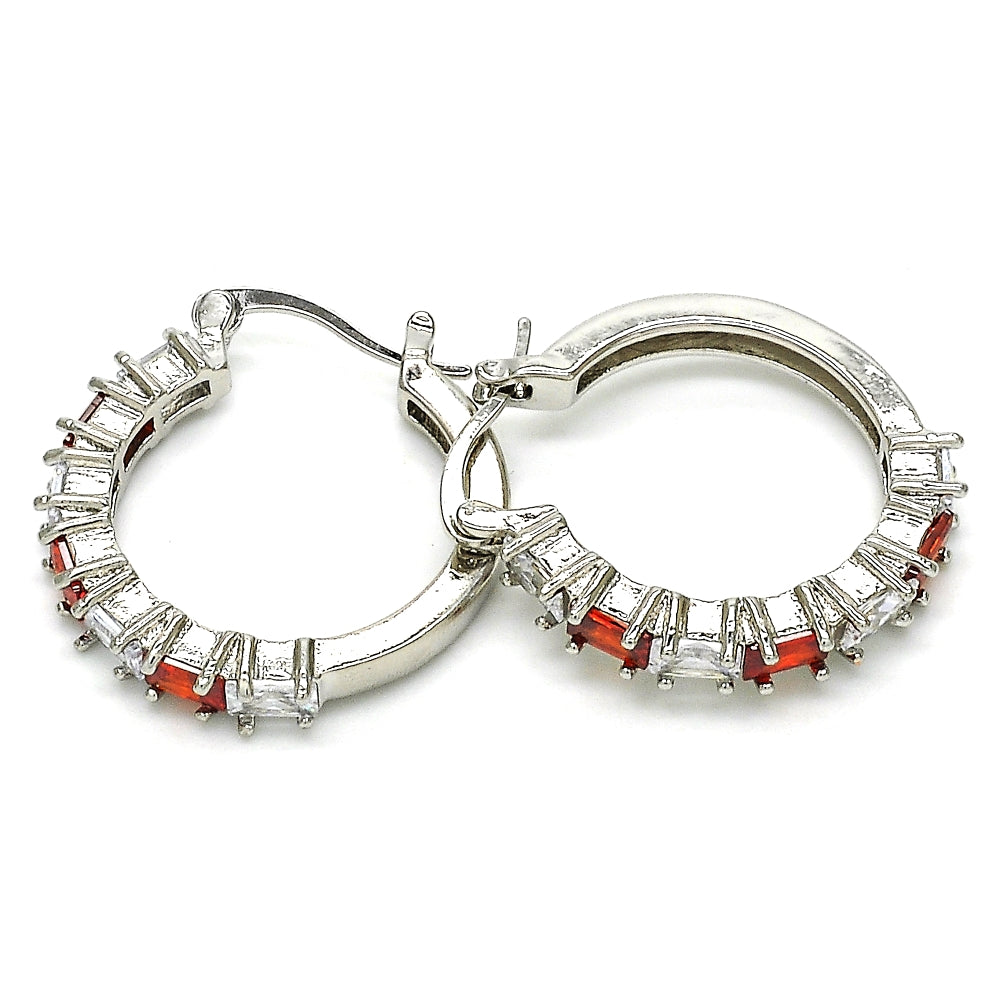 Rhodium Gold Filled Small Hoop, with Garnet and White Cubic Zirconia, Polished, Rhodium Finish