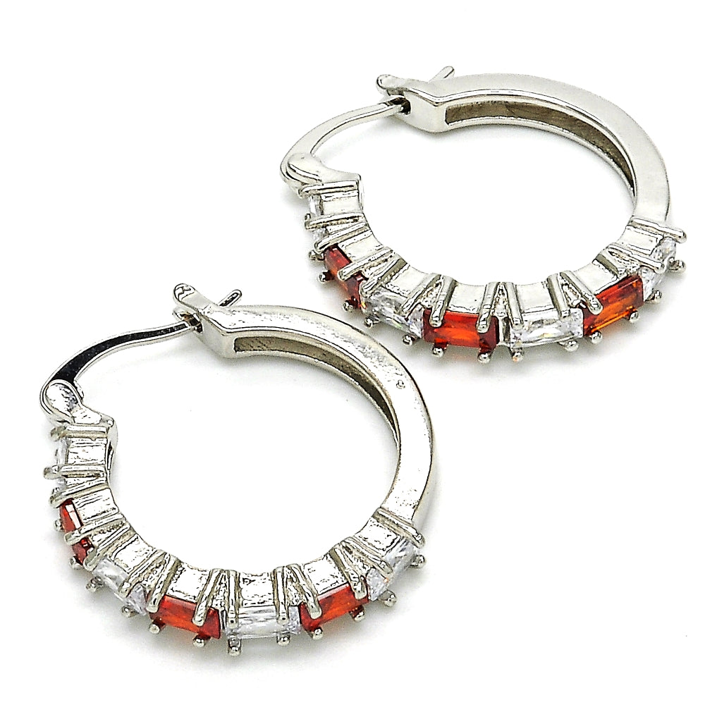Rhodium Gold Filled Small Hoop, with Garnet and White Cubic Zirconia, Polished, Rhodium Finish