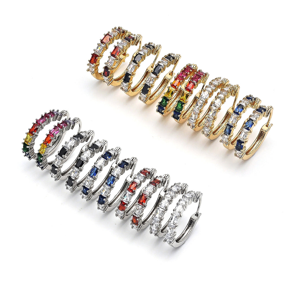 Rhodium Gold Filled Small Hoop, with Garnet and White Cubic Zirconia, Polished, Rhodium Finish