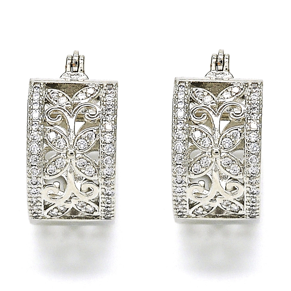 Rhodium Gold Filled Small Hoop, Flower and Leaf Design, with White Cubic Zirconia, Polished, Rhodium Finish