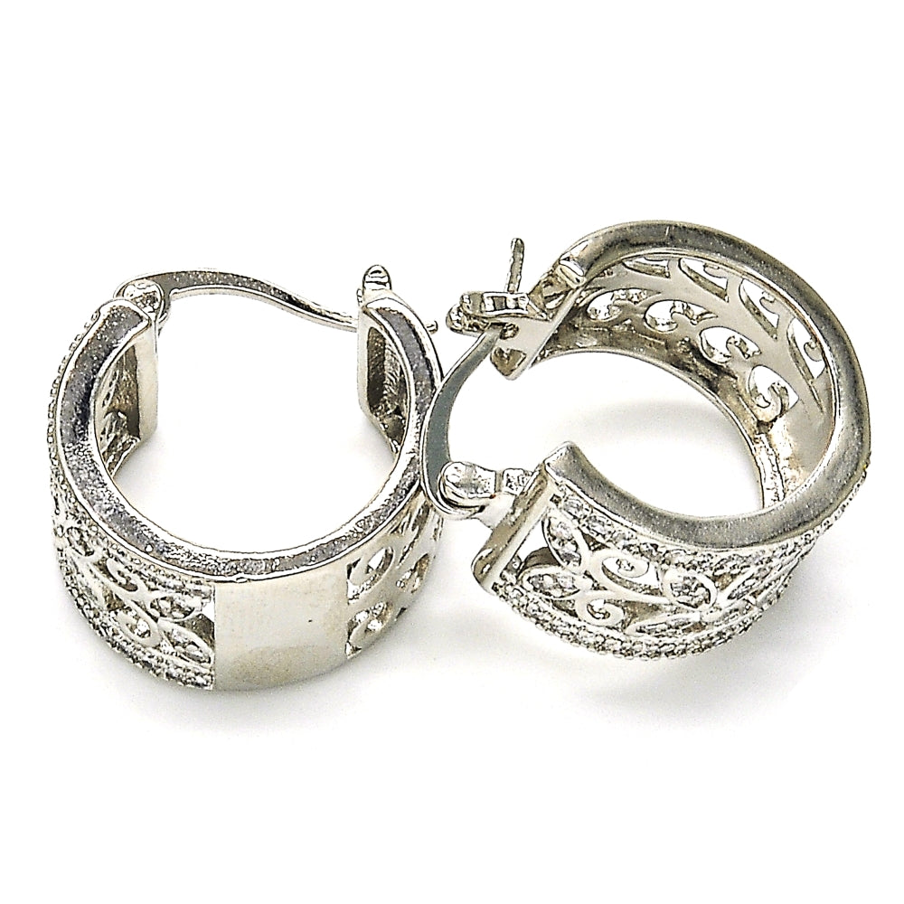 Rhodium Gold Filled Small Hoop, Flower and Leaf Design, with White Cubic Zirconia, Polished, Rhodium Finish