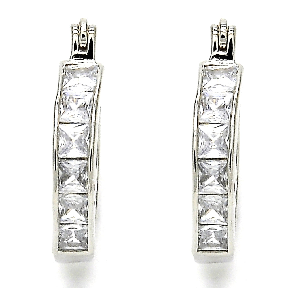 White Gold Filled Small Hoop, with White Cubic Zirconia, Polished, Rhodium Finish
