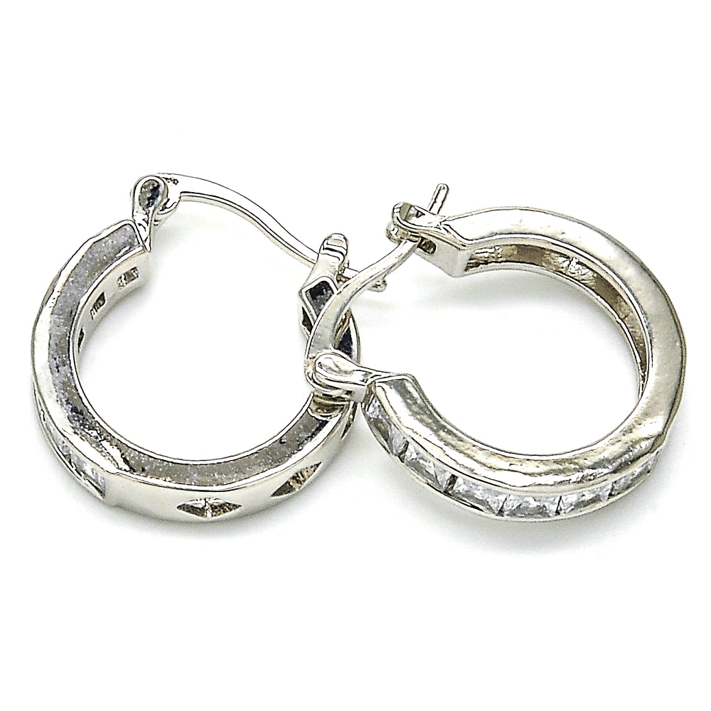 White Gold Filled Small Hoop, with White Cubic Zirconia, Polished, Rhodium Finish