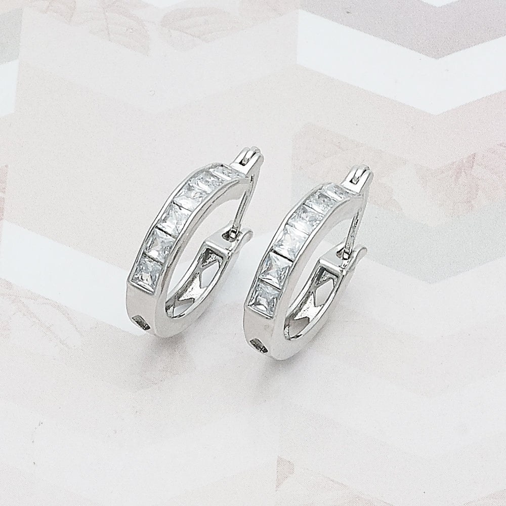 White Gold Filled Small Hoop, with White Cubic Zirconia, Polished, Rhodium Finish