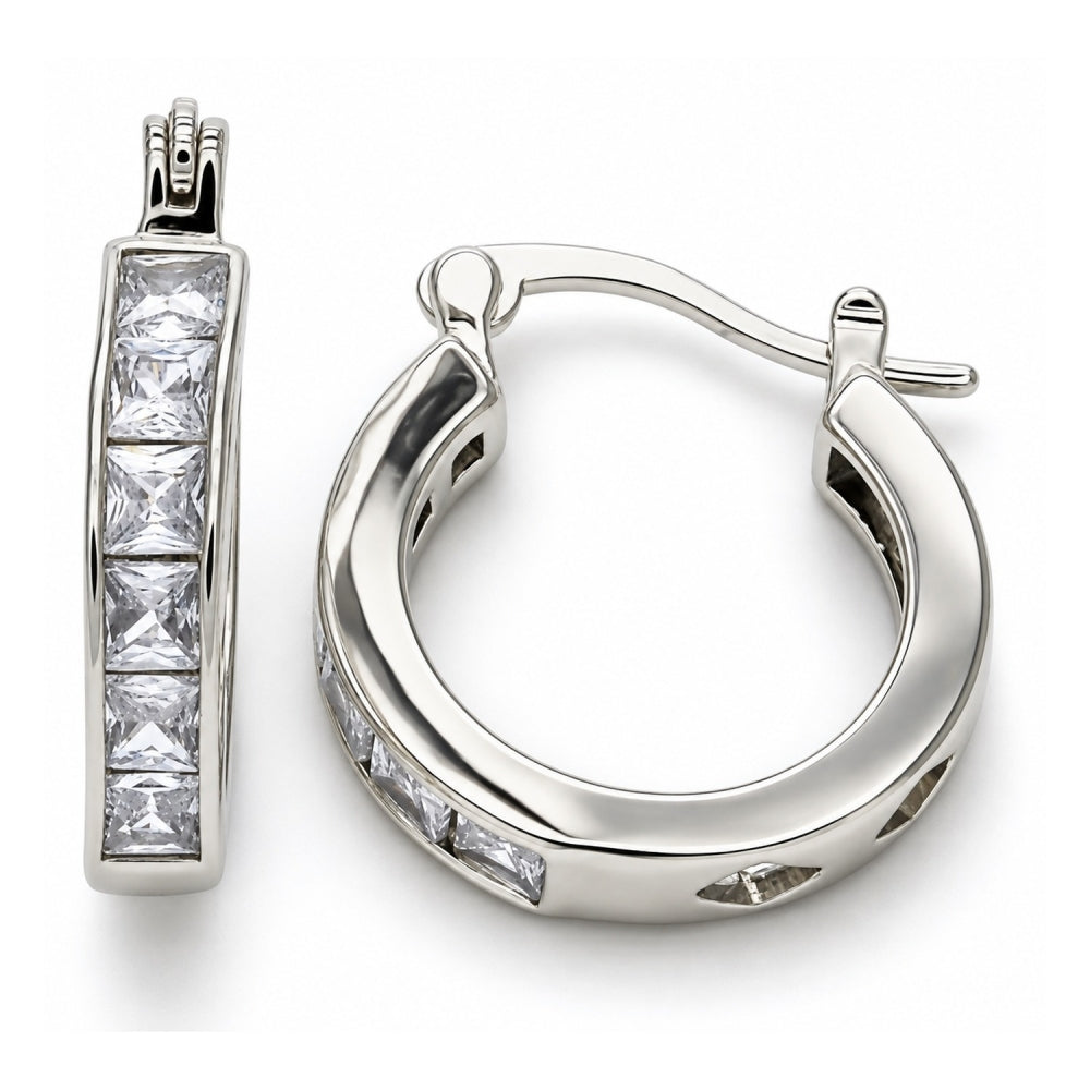 White Gold Filled Small Hoop, with White Cubic Zirconia, Polished, Rhodium Finish