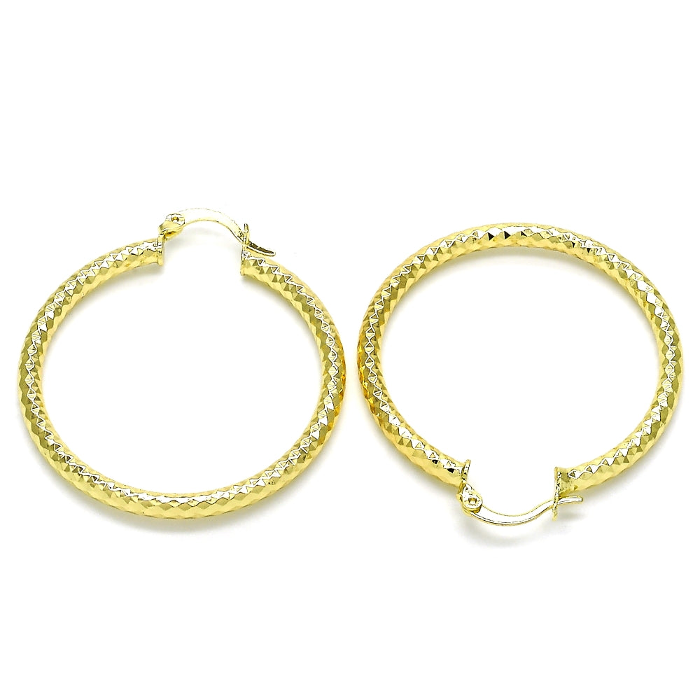 Oro Laminado Medium Hoop, Gold Filled Style Hollow Design, Diamond Cutting Finish, Golden Finish