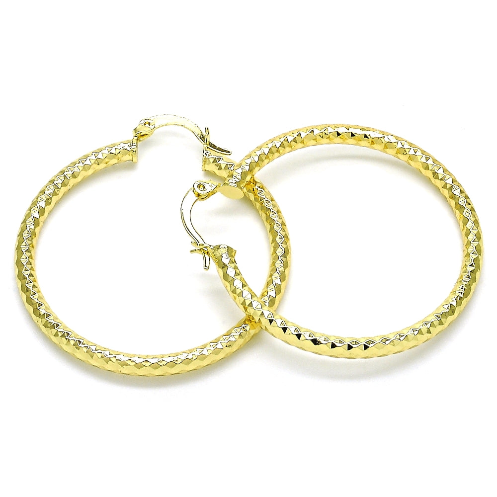 Oro Laminado Medium Hoop, Gold Filled Style Hollow Design, Diamond Cutting Finish, Golden Finish