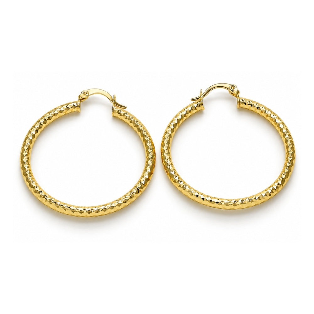 Oro Laminado Medium Hoop, Gold Filled Style Hollow Design, Diamond Cutting Finish, Golden Finish