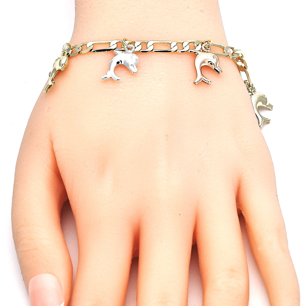 Oro Laminado Charm Bracelet, Gold Filled Style Dolphin Design, Polished, Tricolor