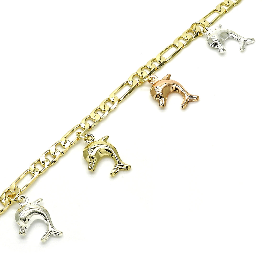 Oro Laminado Charm Bracelet, Gold Filled Style Dolphin Design, Polished, Tricolor