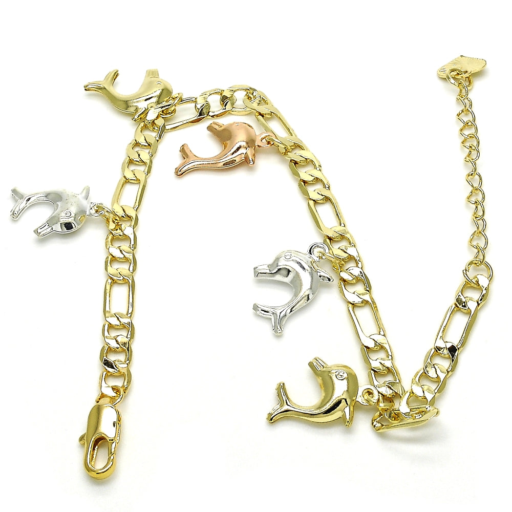 Oro Laminado Charm Bracelet, Gold Filled Style Dolphin Design, Polished, Tricolor