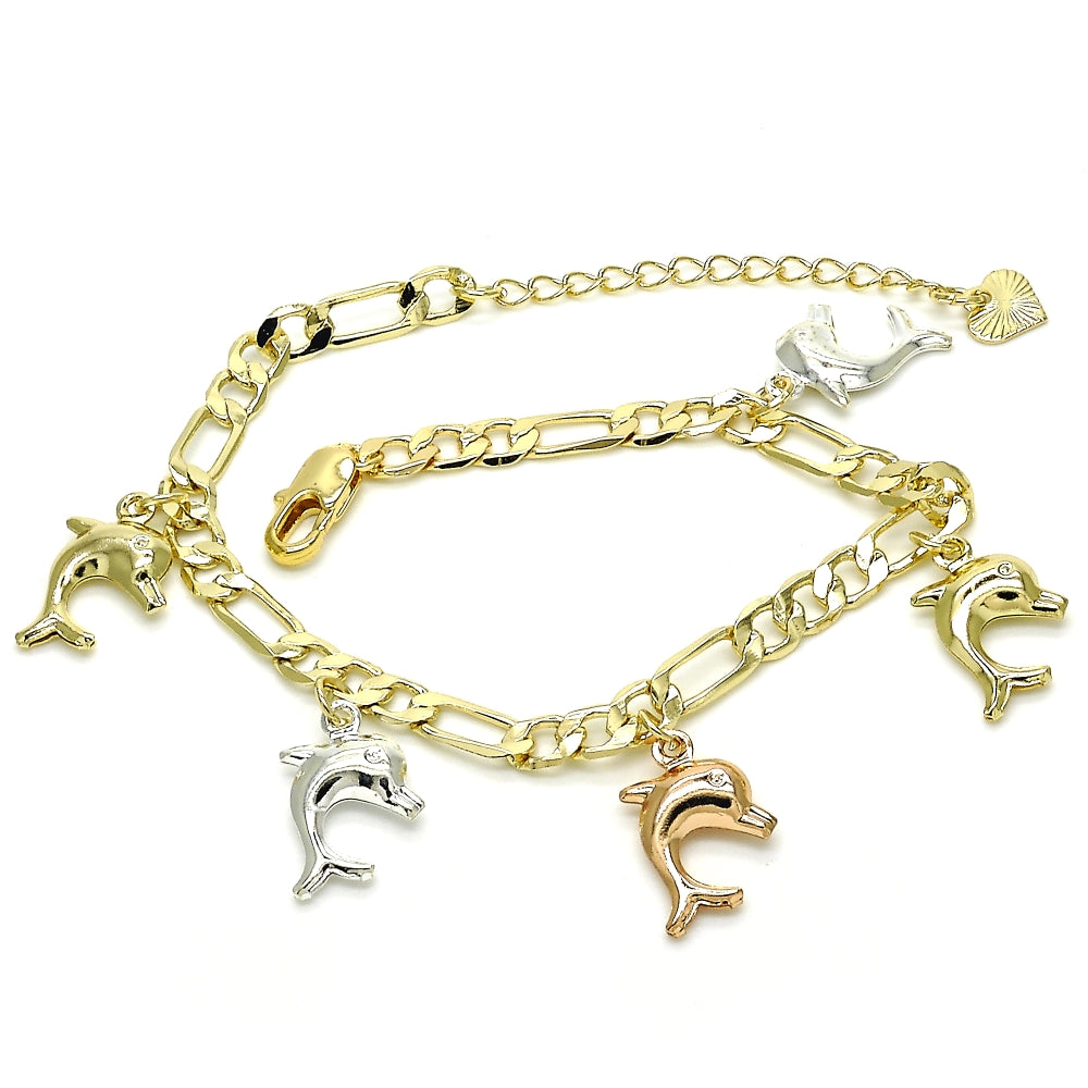 Oro Laminado Charm Bracelet, Gold Filled Style Dolphin Design, Polished, Tricolor