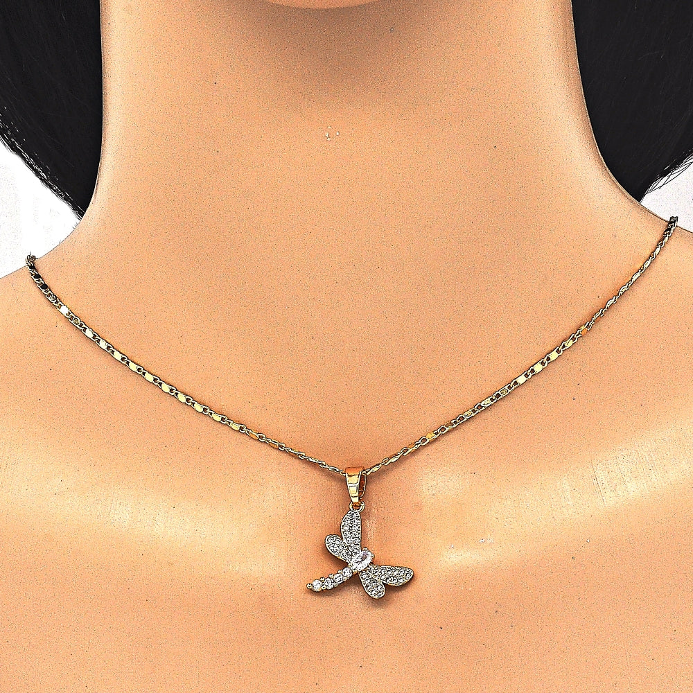 Oro Laminado Earring and Pendant Adult Set, Gold Filled Style Dragon-Fly Design, with White Cubic Zirconia, Polished, Golden Finish