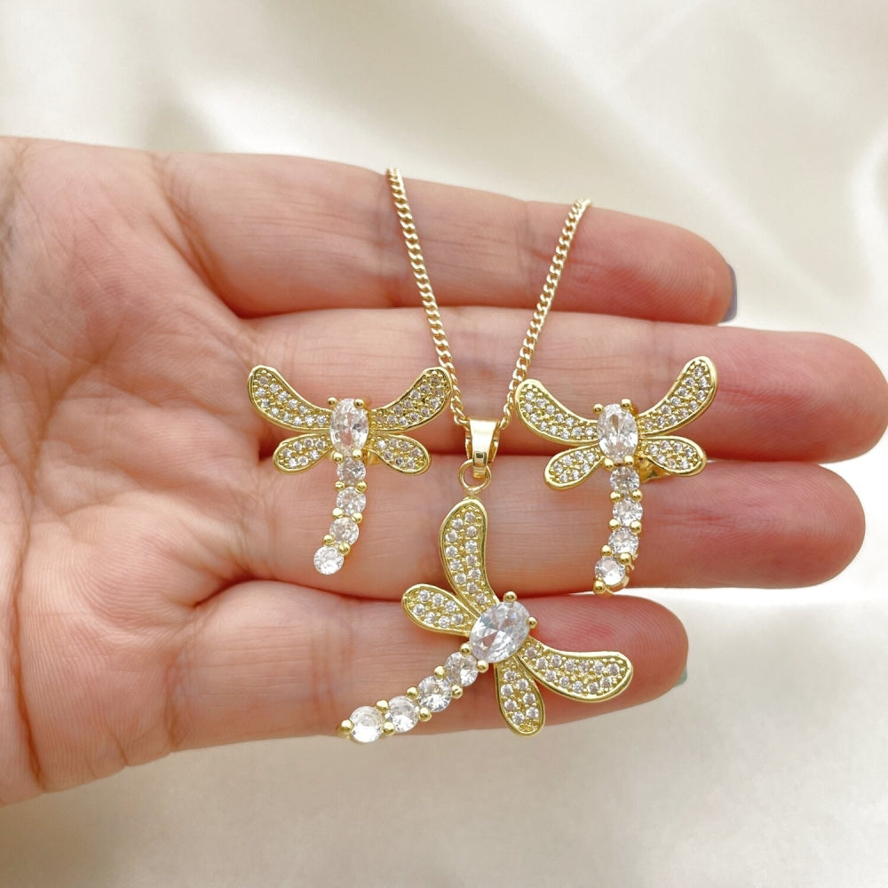 Oro Laminado Earring and Pendant Adult Set, Gold Filled Style Dragon-Fly Design, with White Cubic Zirconia, Polished, Golden Finish