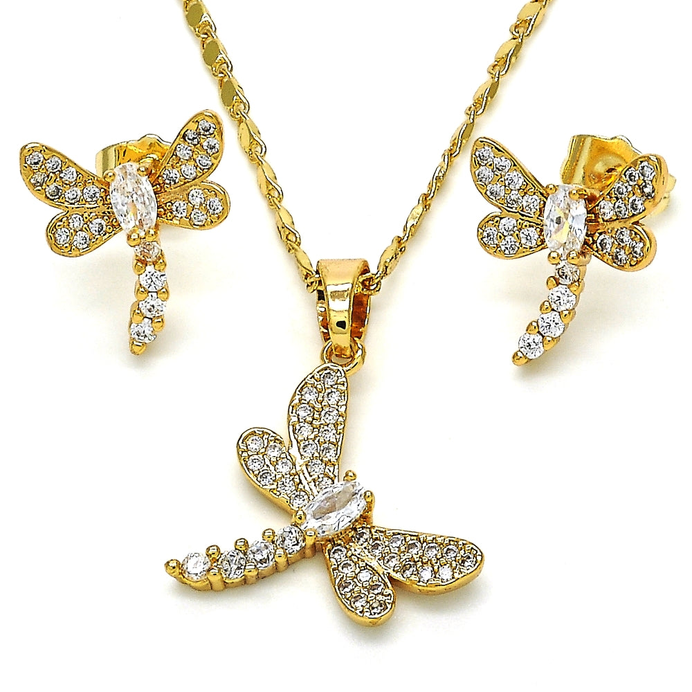 Oro Laminado Earring and Pendant Adult Set, Gold Filled Style Dragon-Fly Design, with White Cubic Zirconia, Polished, Golden Finish