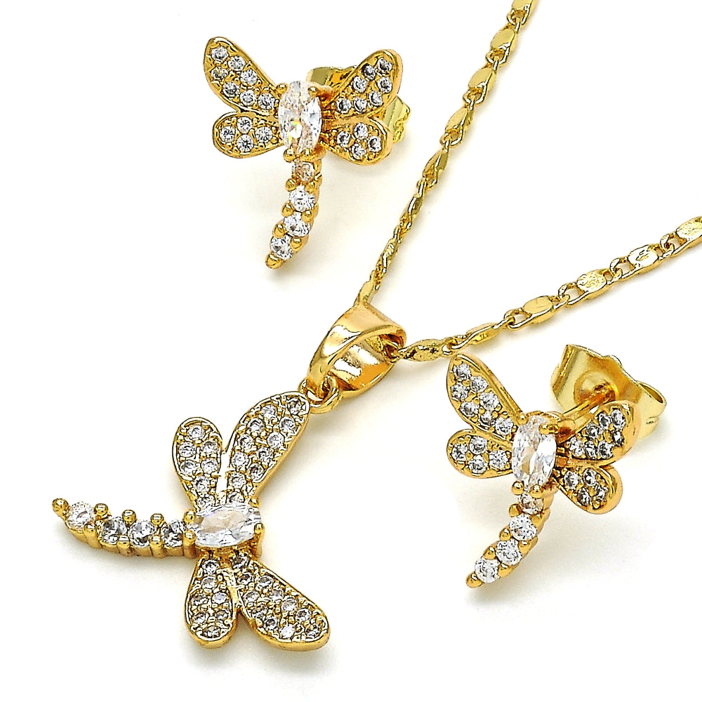 Oro Laminado Earring and Pendant Adult Set, Gold Filled Style Dragon-Fly Design, with White Cubic Zirconia, Polished, Golden Finish