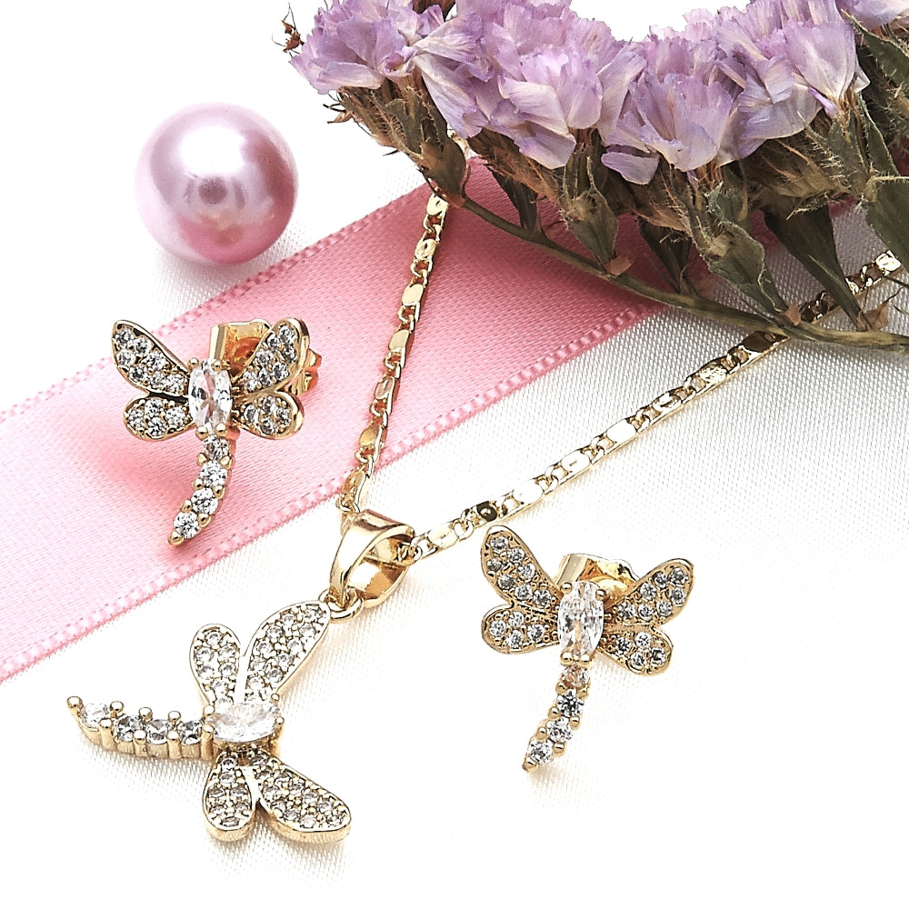 Oro Laminado Earring and Pendant Adult Set, Gold Filled Style Dragon-Fly Design, with White Cubic Zirconia, Polished, Golden Finish