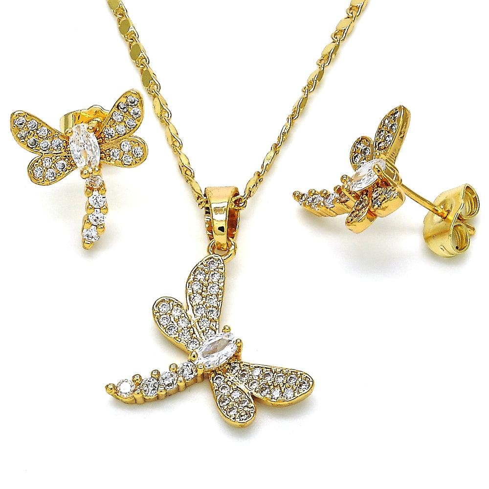 Oro Laminado Earring and Pendant Adult Set, Gold Filled Style Dragon-Fly Design, with White Cubic Zirconia, Polished, Golden Finish