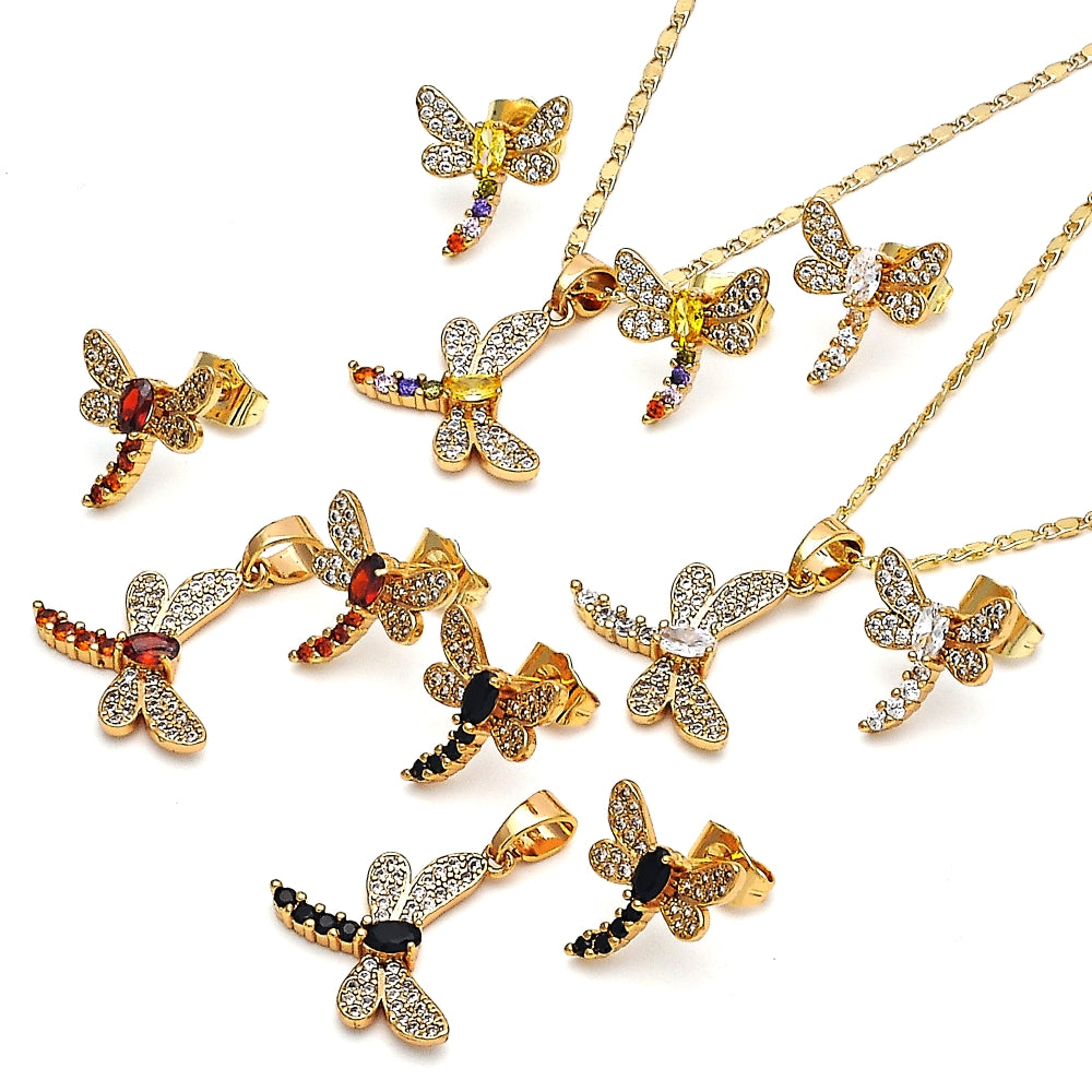 Oro Laminado Earring and Pendant Adult Set, Gold Filled Style Dragon-Fly Design, with White Cubic Zirconia, Polished, Golden Finish
