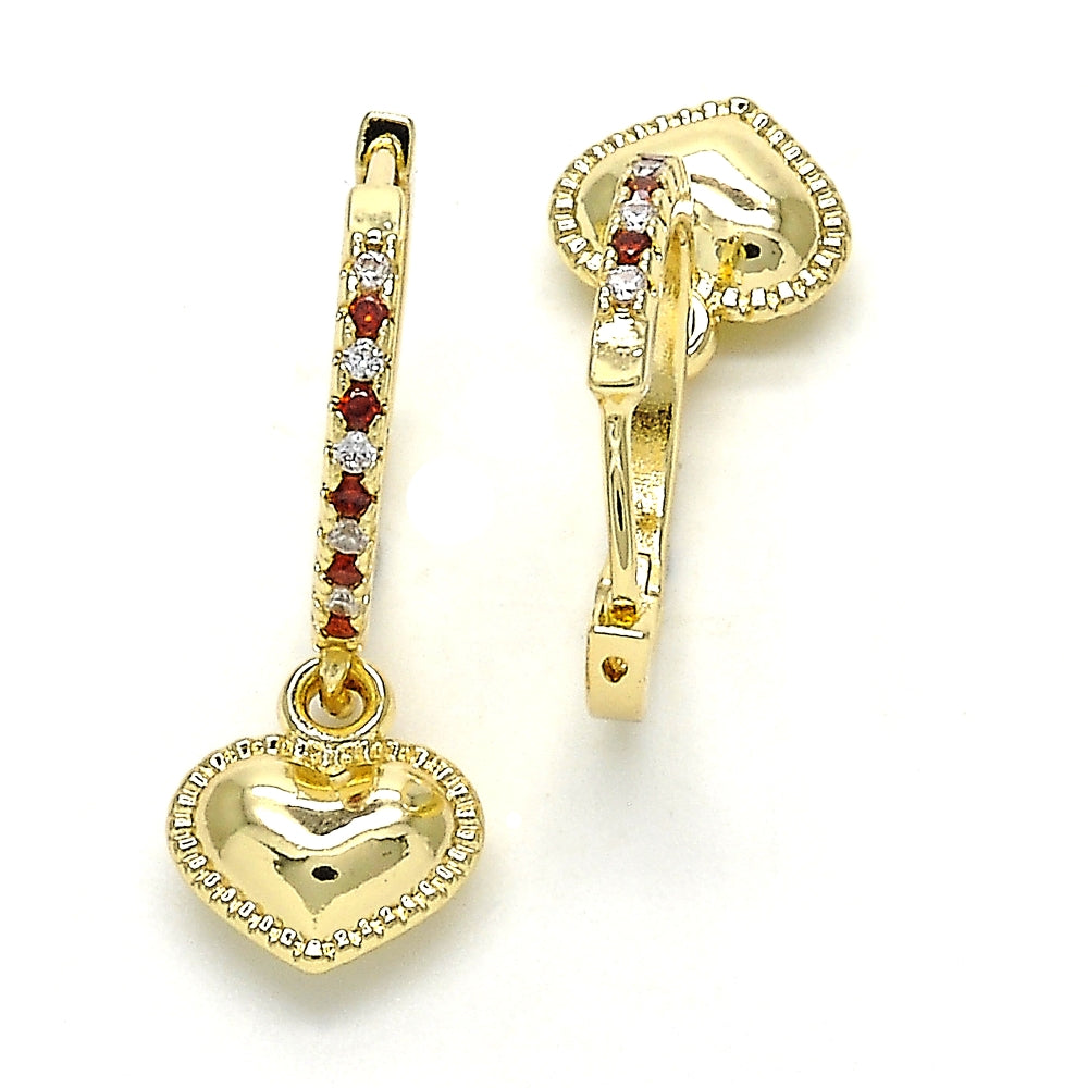 Oro Laminado Huggie Hoop, Gold Filled Style Heart Design, with Garnet Cubic Zirconia and White Crystal, Polished, Golden Finish
