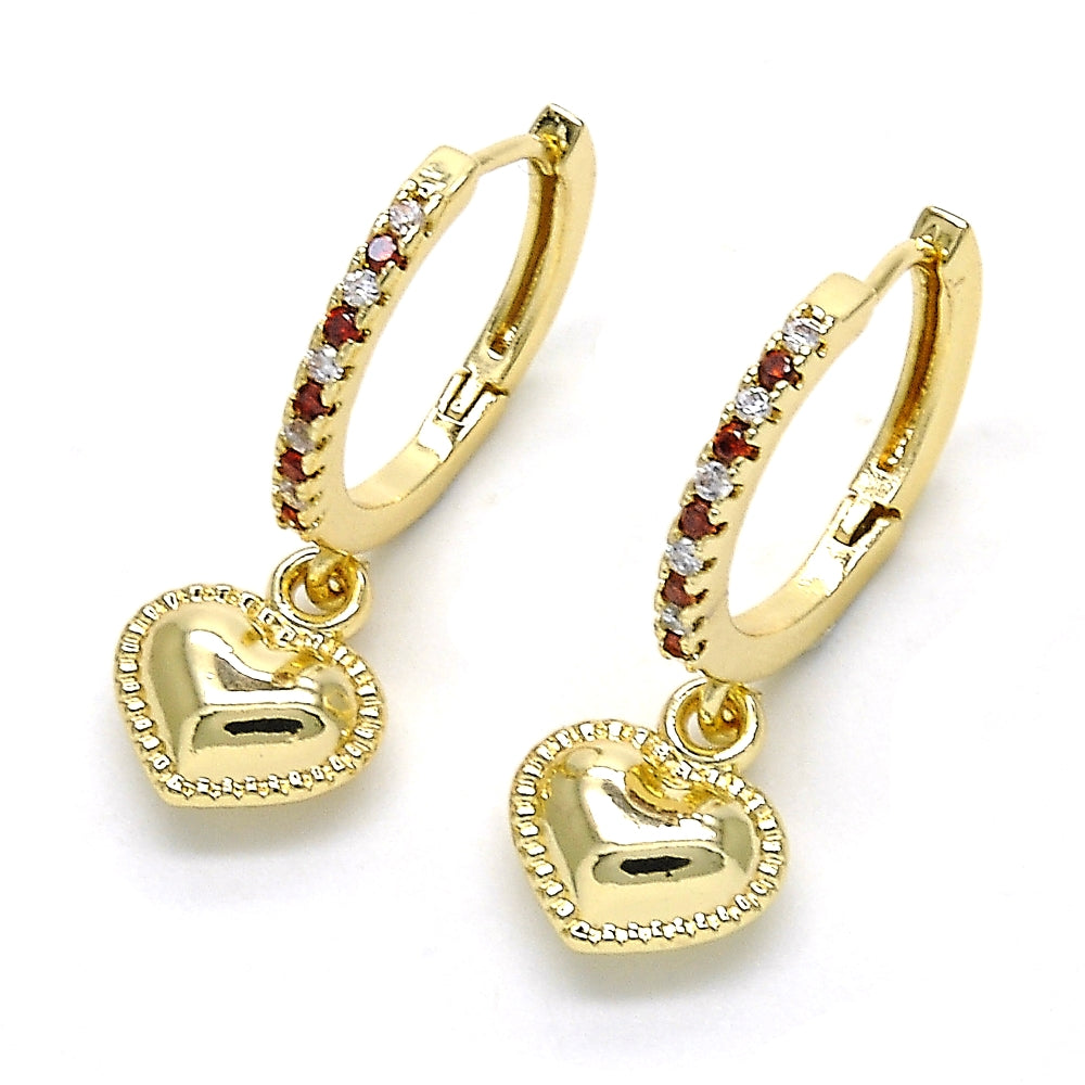 Oro Laminado Huggie Hoop, Gold Filled Style Heart Design, with Garnet Cubic Zirconia and White Crystal, Polished, Golden Finish