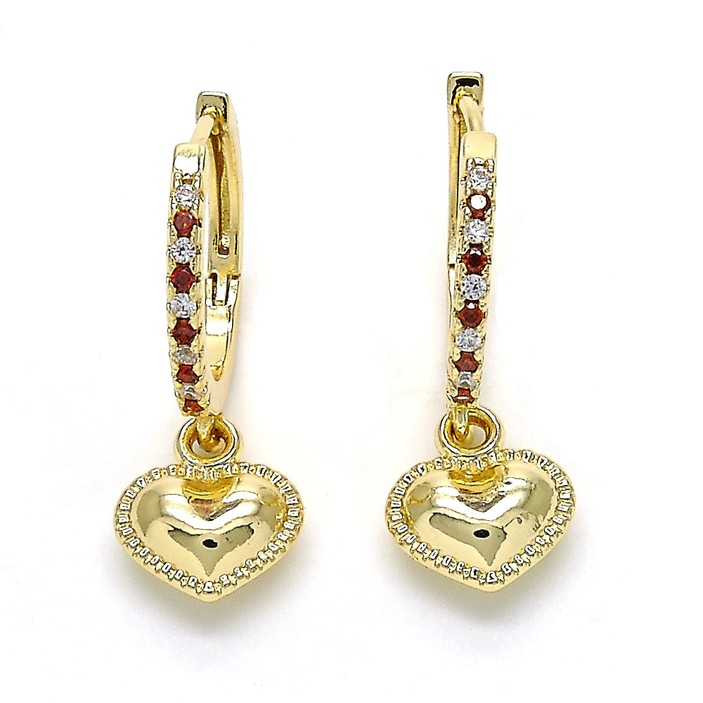 Oro Laminado Huggie Hoop, Gold Filled Style Heart Design, with Garnet Cubic Zirconia and White Crystal, Polished, Golden Finish