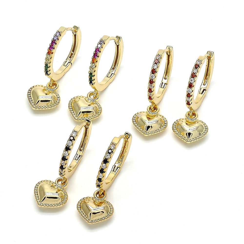 Oro Laminado Huggie Hoop, Gold Filled Style Heart Design, with Garnet Cubic Zirconia and White Crystal, Polished, Golden Finish