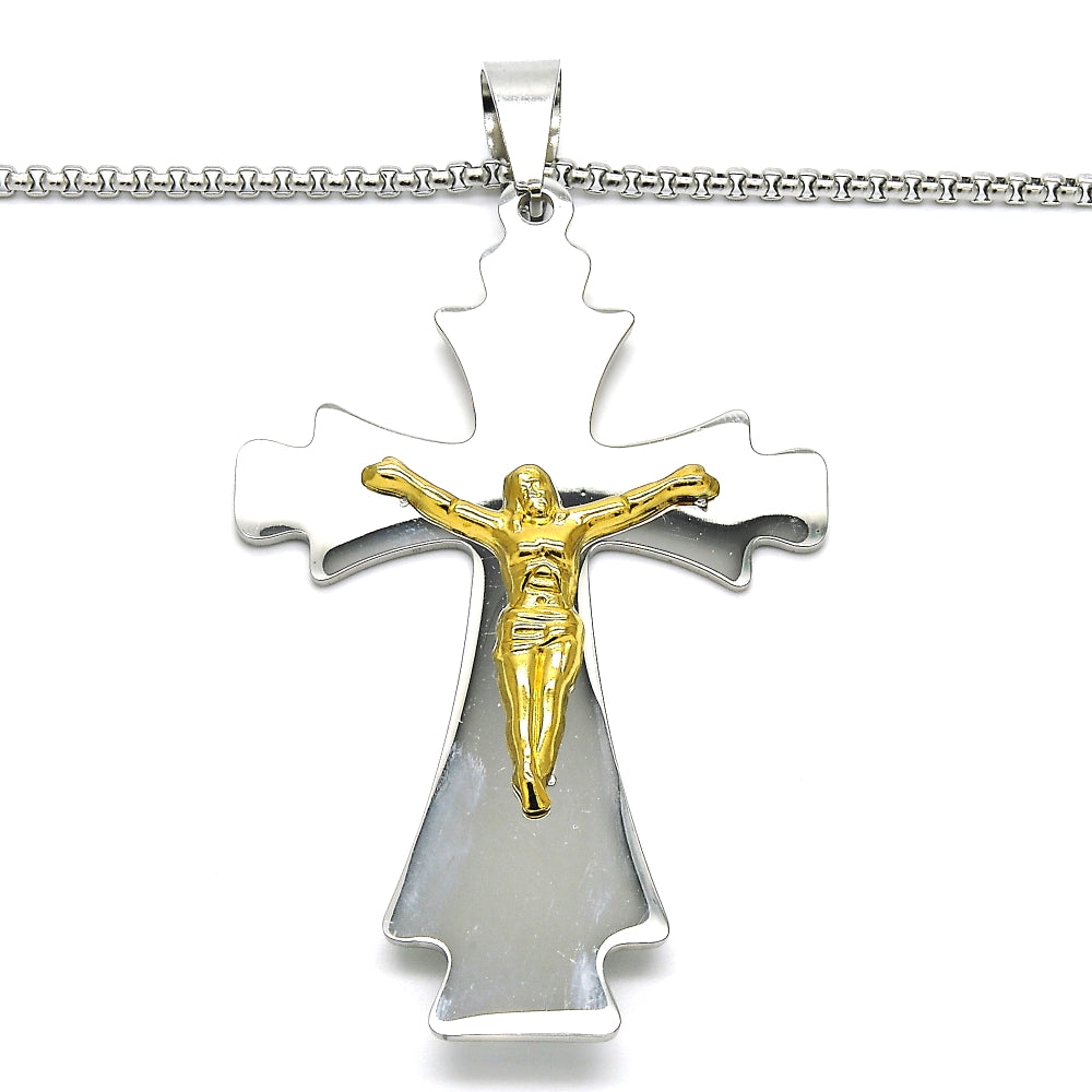 Stainless Steel Pendant Necklace, Crucifix Design, Polished, Two Tone