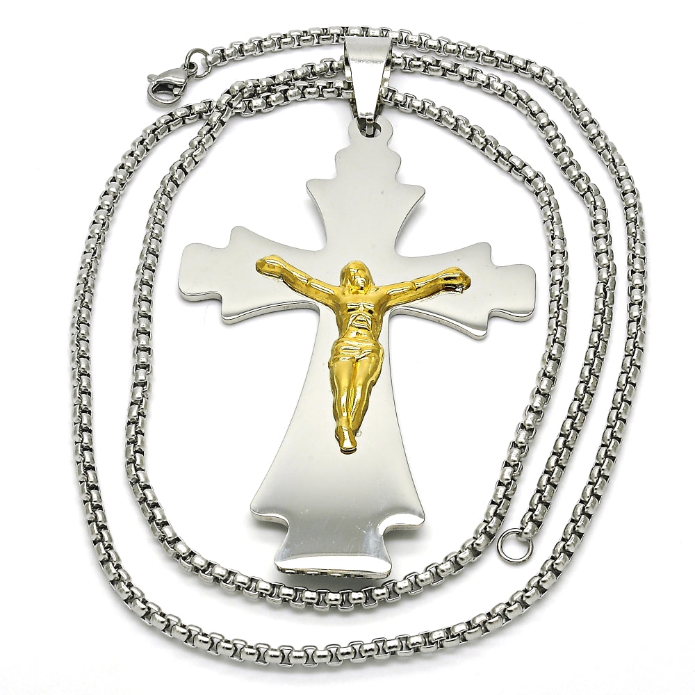 Stainless Steel Pendant Necklace, Crucifix Design, Polished, Two Tone