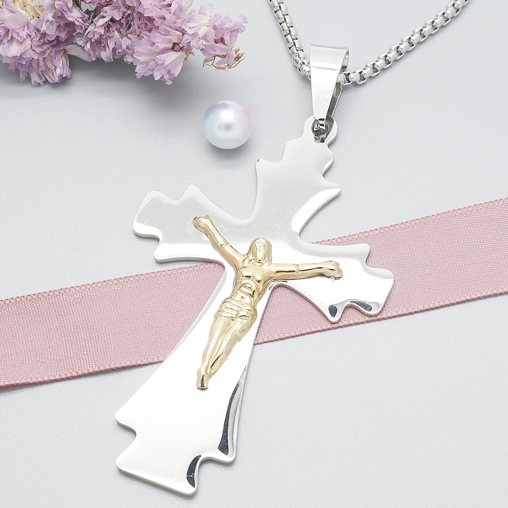 Stainless Steel Pendant Necklace, Crucifix Design, Polished, Two Tone