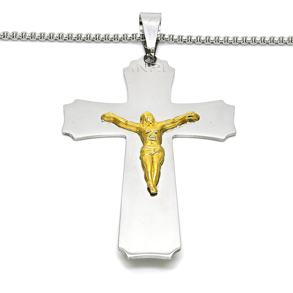 Stainless Steel Pendant Necklace, Crucifix Design, Polished, Two Tone