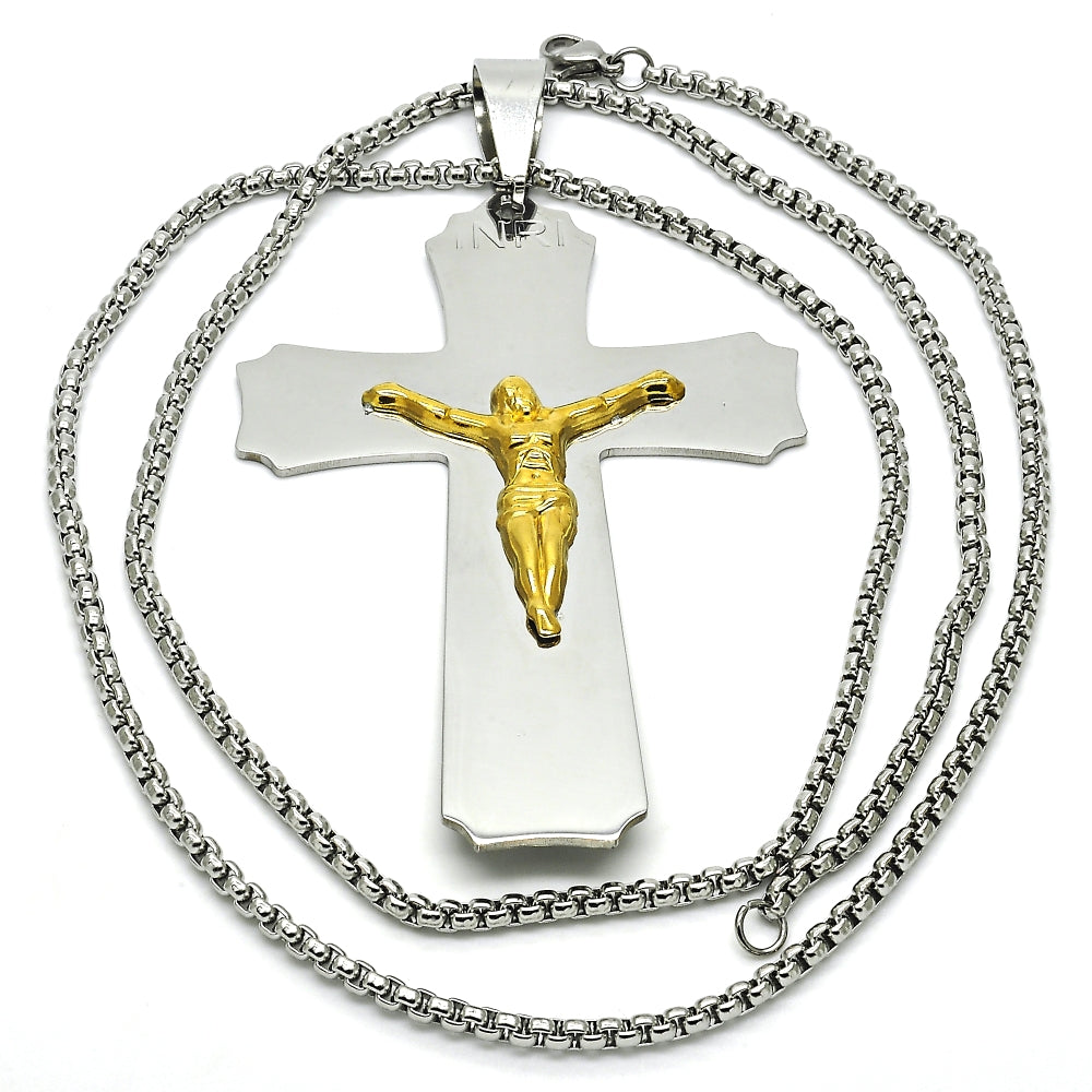 Stainless Steel Pendant Necklace, Crucifix Design, Polished, Two Tone