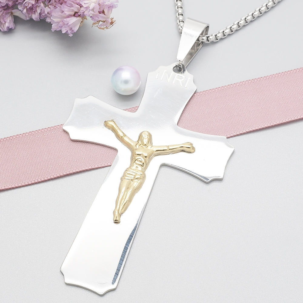 Stainless Steel Pendant Necklace, Crucifix Design, Polished, Two Tone