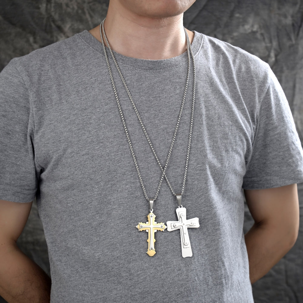 Stainless Steel Pendant Necklace, Cross Design, with White Cubic Zirconia, Polished, Steel Finish