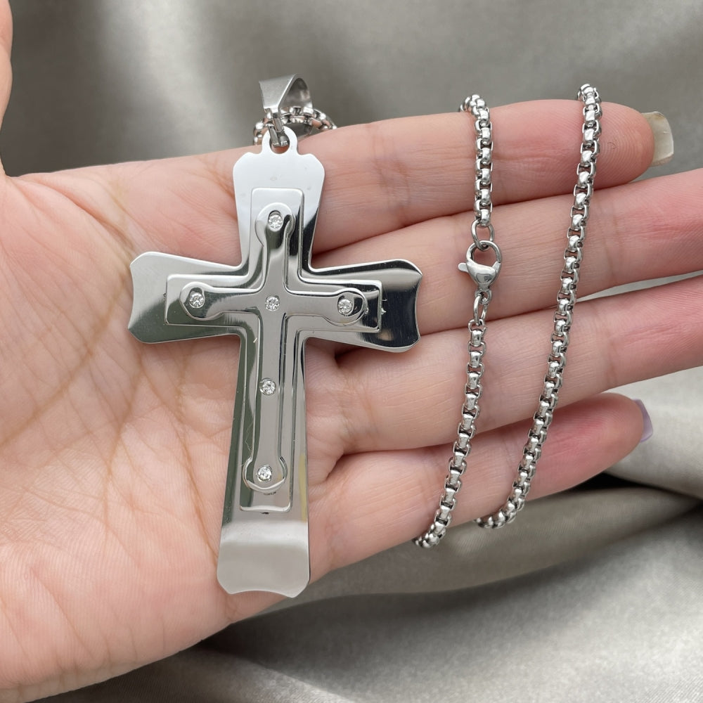Stainless Steel Pendant Necklace, Cross Design, with White Cubic Zirconia, Polished, Steel Finish