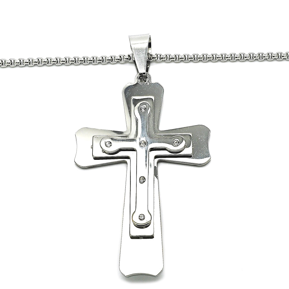 Stainless Steel Pendant Necklace, Cross Design, with White Cubic Zirconia, Polished, Steel Finish