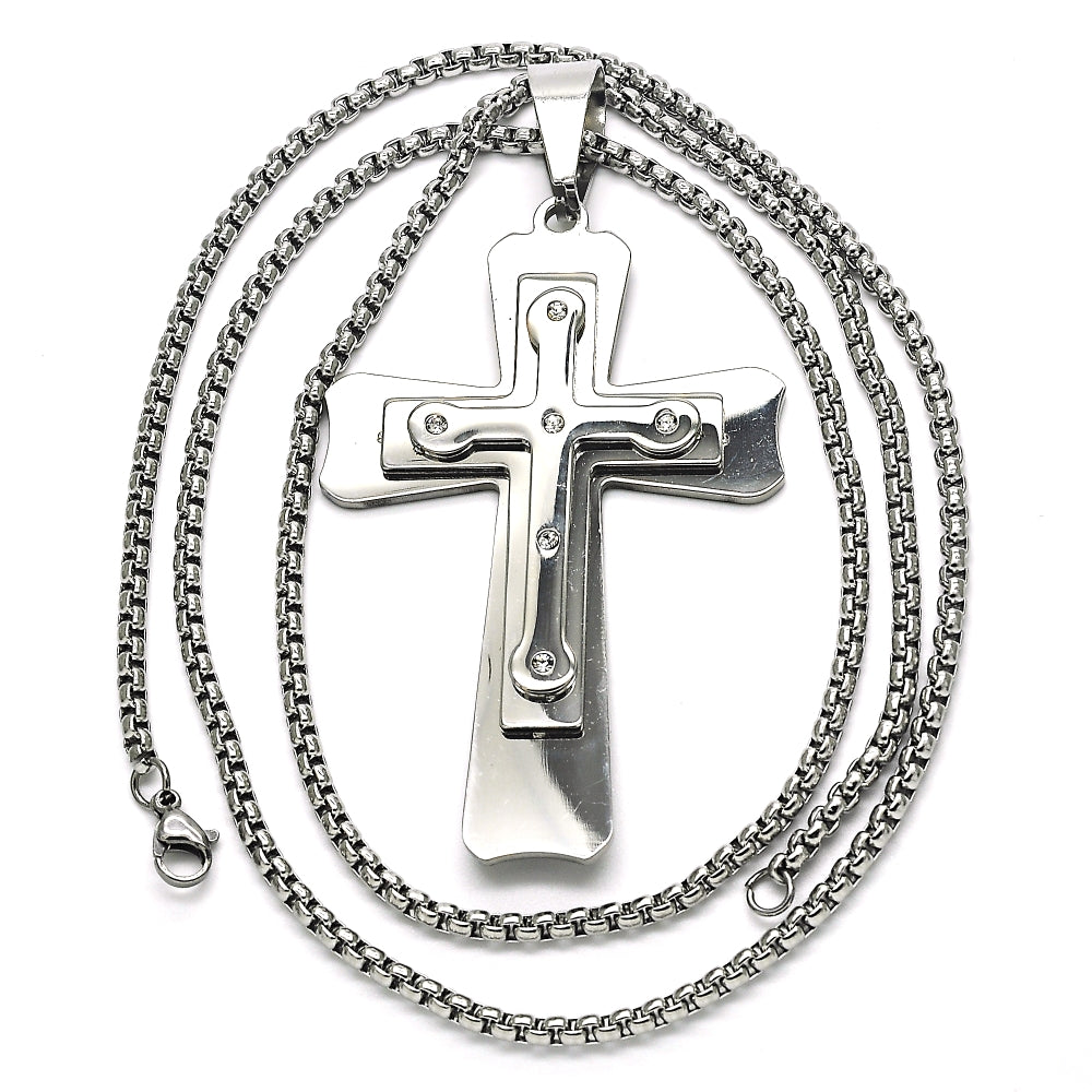 Stainless Steel Pendant Necklace, Cross Design, with White Cubic Zirconia, Polished, Steel Finish
