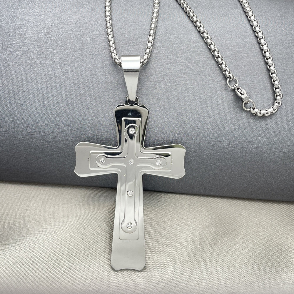 Stainless Steel Pendant Necklace, Cross Design, with White Cubic Zirconia, Polished, Steel Finish