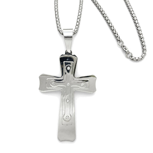 Stainless Steel Pendant Necklace, Cross Design, with White Cubic Zirconia, Polished, Steel Finish