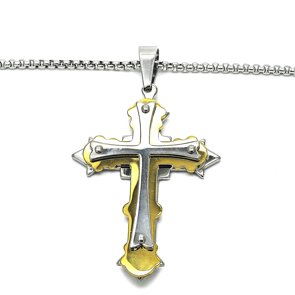 Stainless Steel Pendant Necklace, Cross Design, Polished, Two Tone