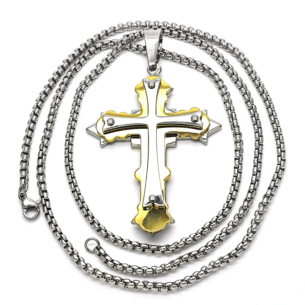 Stainless Steel Pendant Necklace, Cross Design, Polished, Two Tone