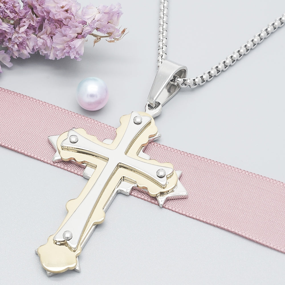 Stainless Steel Pendant Necklace, Cross Design, Polished, Two Tone
