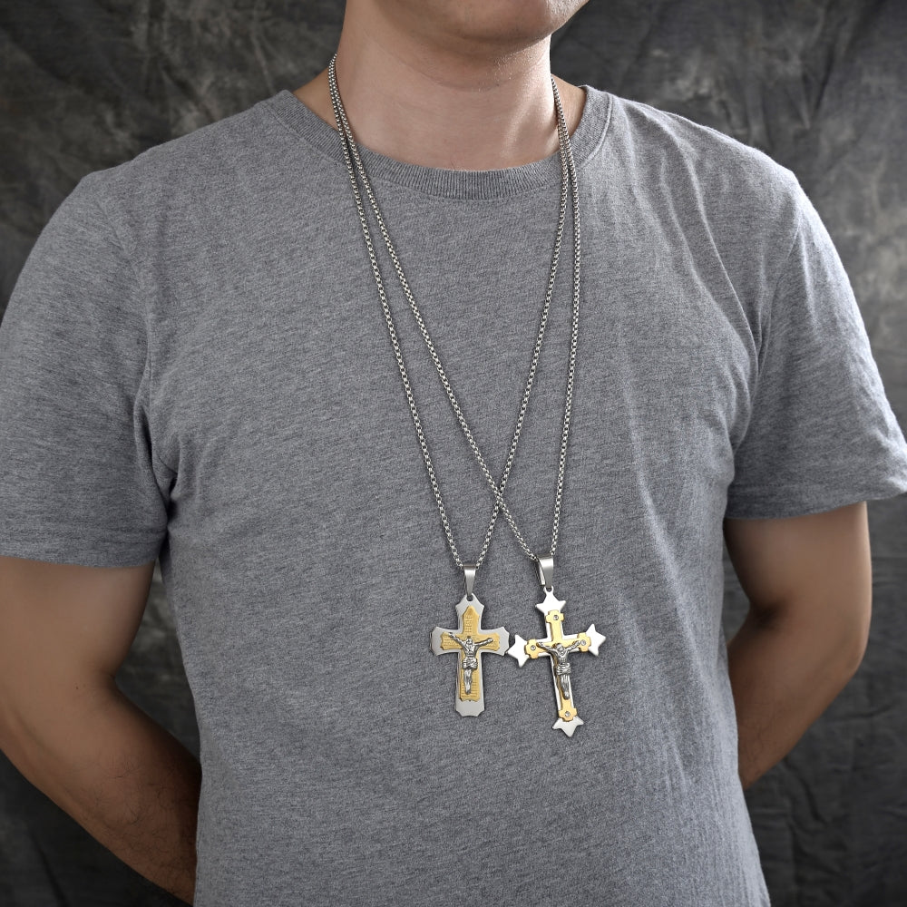 Stainless Steel Pendant Necklace, Crucifix Design, Polished, Two Tone
