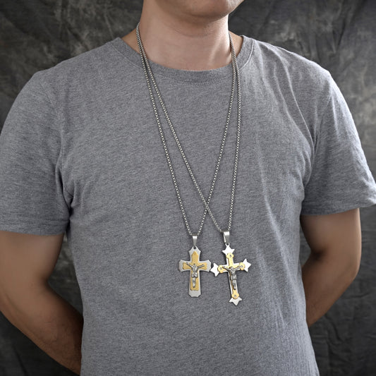 Stainless Steel Pendant Necklace, Crucifix Design, Polished, Two Tone