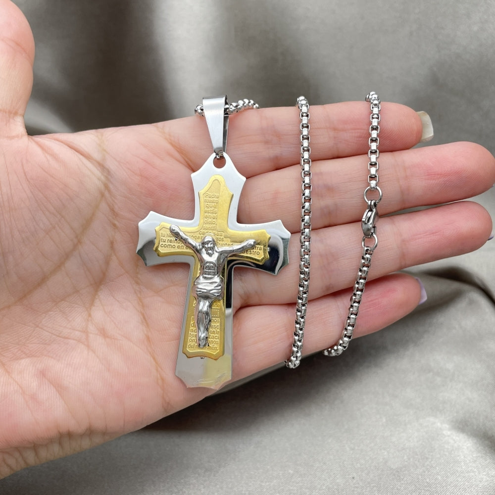 Stainless Steel Pendant Necklace, Crucifix Design, Polished, Two Tone