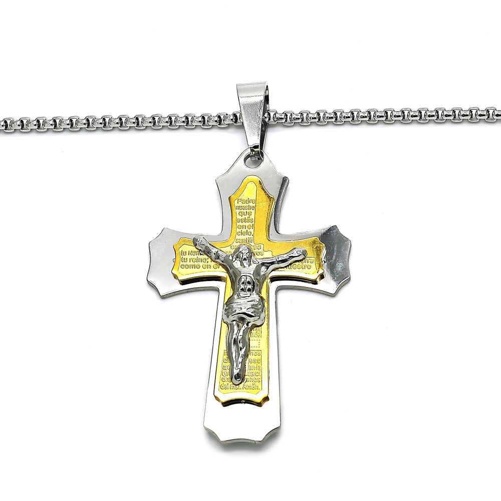 Stainless Steel Pendant Necklace, Crucifix Design, Polished, Two Tone