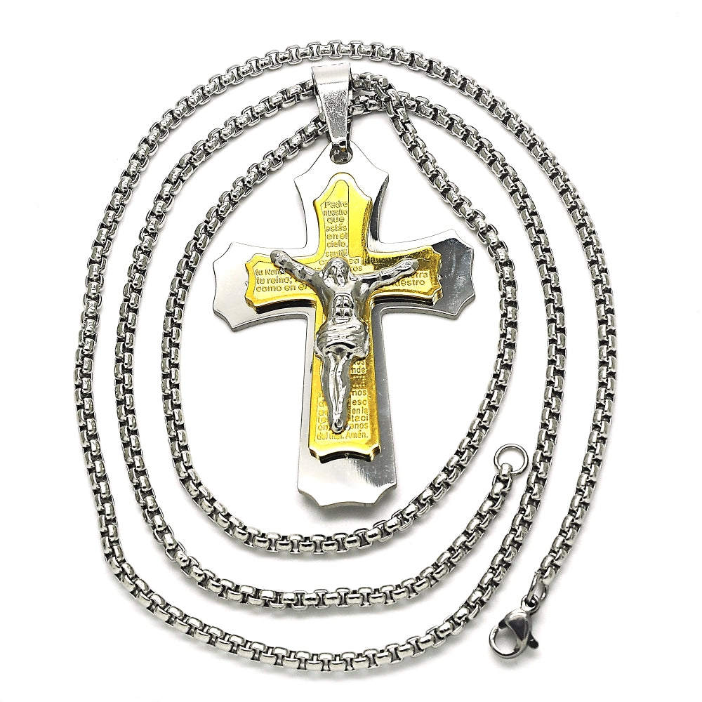 Stainless Steel Pendant Necklace, Crucifix Design, Polished, Two Tone